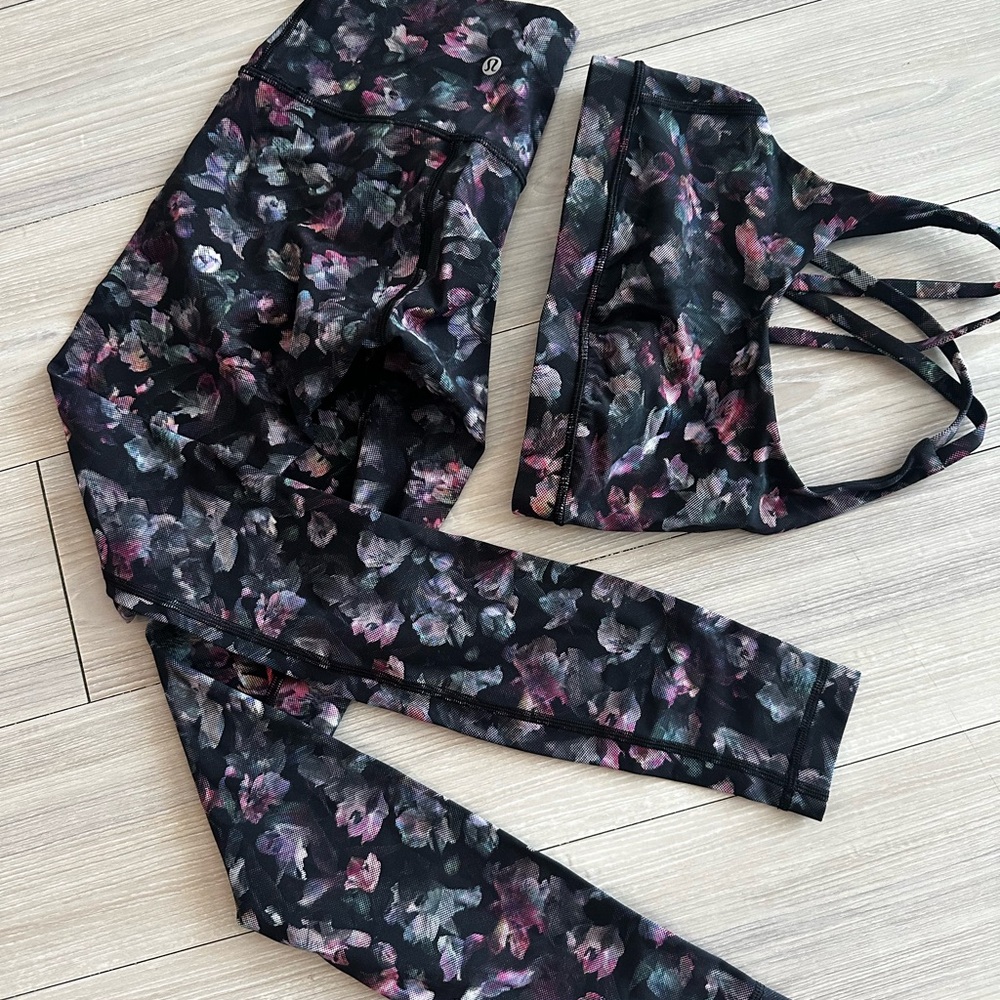 lululemon athletica Black Floral Print Leggings and Sports Bra Set